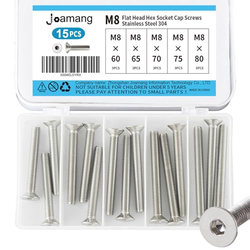 M8 x 60mm 65mm 70mm 75mm 80mm Flat Head Hex Socket Cap Screws Countersunk Bolts, Stainless Steel 304, Metric Allen Drive, Bright Finish, Fully Threaded, Assortment Kit 15PCS - size: M8x60/65/70/75/80mm