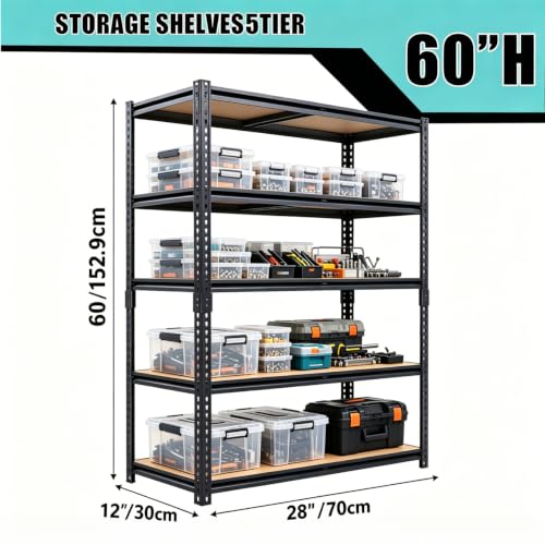 Garage Storage Shelves Heavy Duty Garage Shelving Units 60" x 28" x 12"in Metal Shelving 5 Tier Adjustable Rack Shelfs 2000LBS Suitable For Garage Basements, Warehouses, Kitchens, and Storage Rooms - size: 60" H x 28" W x 12" D