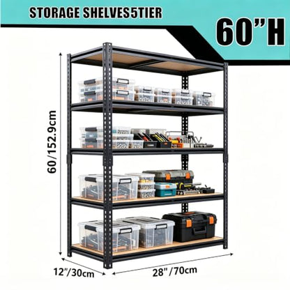 Garage Storage Shelves Heavy Duty Garage Shelving Units 60" x 28" x 12"in Metal Shelving 5 Tier Adjustable Rack Shelfs 2000LBS Suitable For Garage Basements, Warehouses, Kitchens, and Storage Rooms - size: 60" H x 28" W x 12" D