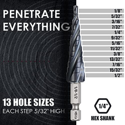 Matework M35 Cobalt Step Drill Bit, Four Spiral Flute Unibit Step Drill Bit (1/8"-1/2") Wear-Resistant TiAlN Coated, 1/4" Hex Shank for Metal, Carbon Steel, Stainless Steel, Wood, Plastic (13 Size) - size: 1/8"-1/2"