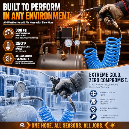 GASHER 1/4" x 25FT Polyurethane Recoil Air Hose with Bend Restrictor, 1/4" Industrial Quick Coupler and Plug - color: Blue, size: 1/4" x 25FT