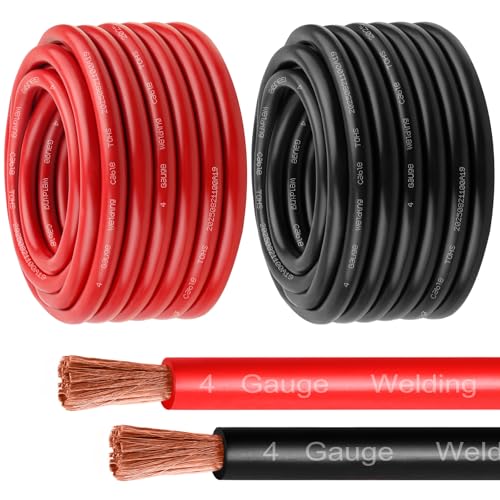 MOOKEERF 4 Gauge Battery Cable - 30FT Red + 30FT Black 4 AWG Welding Cable Flexible Stranded Oxygen-Free Pure Copper Wire for Automotive, Battery, Inverter, Solar, Marine and Generator - color: 30ft Black + 30ft Red, size: 4AWG