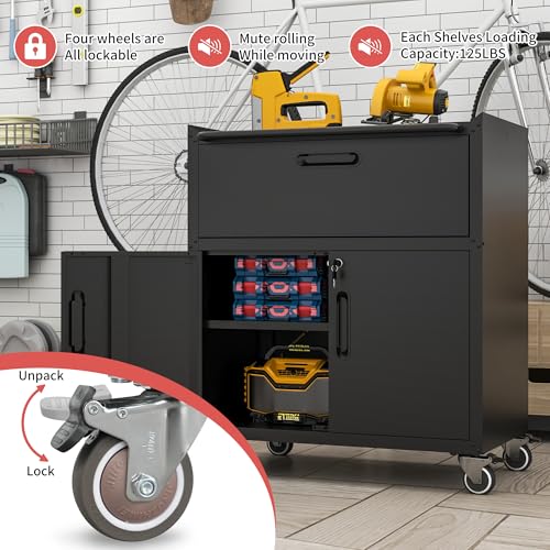 Metal Mobile Tool Storage Cabinet with 2 Locking Door and 1 Drawer - color: Black, style: 1 drawer 2 doors with wheels