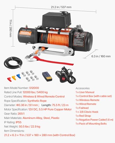 VEVOR Electric Winch, 12000 lbs Load Capacity, 12V DC Truck Winch with Φ0.36 in x 75.5 ft Synthetic Rope, Wireless & Wired Remote Control, IP55 Waterproof for Towing Off-Road SUV Jeep Trailer