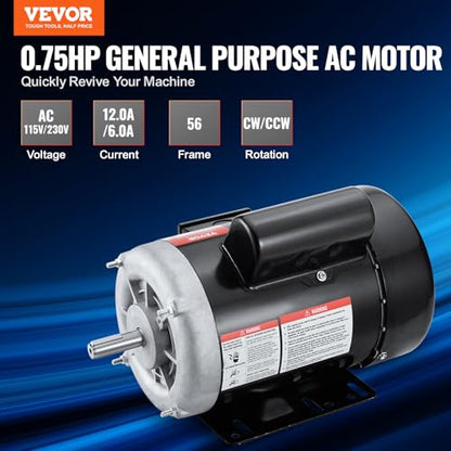 VEVOR 3/4HP Electric Motor 1725 RPM, AC 115V/230V, 56 Frame, Air Compressor Motor Single Phase, 5/8" Keyed Shaft, CW/CCW Rotation for Agricultural Machinery and General Equipment - size: 56 Frame