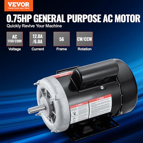 VEVOR 3/4HP Electric Motor 1725 RPM, AC 115V/230V, 56 Frame, Air Compressor Motor Single Phase, 5/8" Keyed Shaft, CW/CCW Rotation for Agricultural Machinery and General Equipment - size: 56 Frame