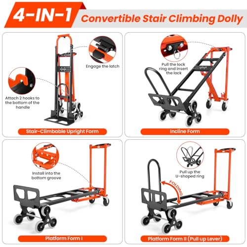 1000LBS Heavy Duty Convertible Hand Truck, 3 in 1 Aluminum Stair Climbing Dolly, Folding Hand Truck Dolly Cart with Solid Wheels for Moving/Travel/Office (Orange) - color: Orange