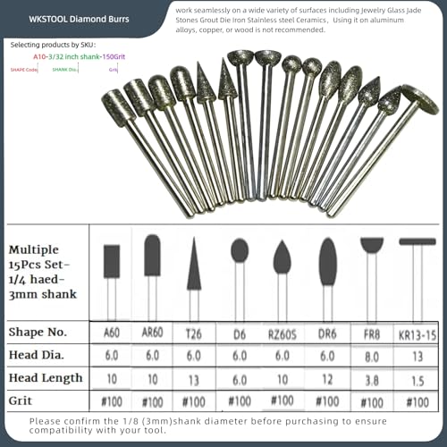 15Pcs Flat Cylinder,Bullet,Cone,Spherical,Concave,Round Flame,Reverse Half-Ball,Thin Disc,Multiple Diamond Burrs,6mm Head,1/8 3mm Shank,Sharpen Deburr Grind Bits for Glass Stones Shell - size: Multiple 15Pcs-1/4 haed-3mm shank