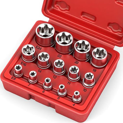 SEDY 14-Piece E-TORX Socket Set - Premium Female Torx Socket Set, Ultimate Torque Star Sockets, External Torx Sockets, E4 E5 E6 E7 E8 E10 E11 E12 E14 E16 E18 E20 E22 E24 - style: 14-Piece E-Torx - (E4-E24)