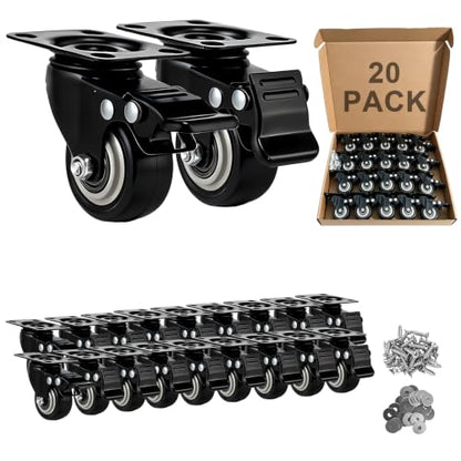 Htudcue 2 Inch Industrial Heavy Duty Caster Wheels Set of 20, Double Locking PU Casters, Non-Marking Polyurethane Wheels for Workshops & Commercial Spaces, 800lbs Per 4 Wheels