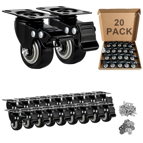 Htudcue 2 Inch Industrial Heavy Duty Caster Wheels Set of 20, Double Locking PU Casters, Non-Marking Polyurethane Wheels for Workshops & Commercial Spaces, 800lbs Per 4 Wheels