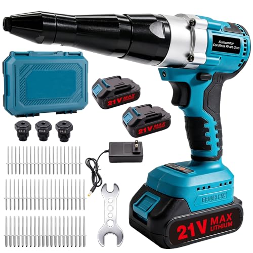 Cordless Electric Rivet Gun Tool with 2×2.0Ah Batteries & Charger - color: Blue