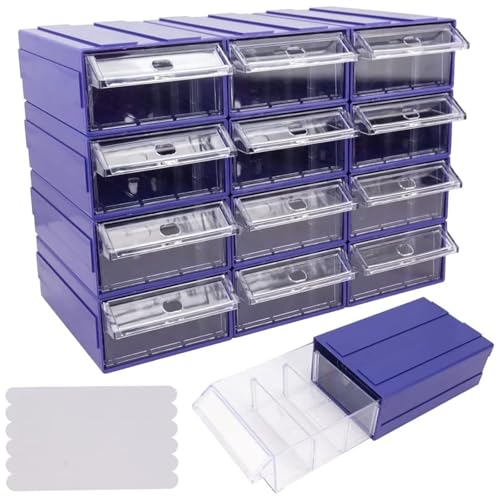 12 Pcs Drawer Stacking Storage Cabinet, Blue Plastic Drawers Storage Closet & 36 Pcs Clear Dividers Organizer Rack & 48 Pcs Tag Card & 24 Pcs Non-slip Stickers for Home Office School - color: 12-Boxes-Blue