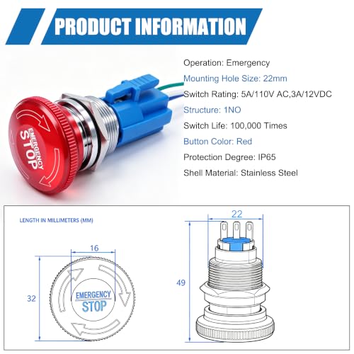 mxuteuk 22mm Stainless Steel Metal Latching Emergency Stop Push Button Switch with Connection Plug 12-220V 3A 1NO 1NC,MXU-DT-CT - color: Red/MXU-DT-CT, size: 1NC 1NO