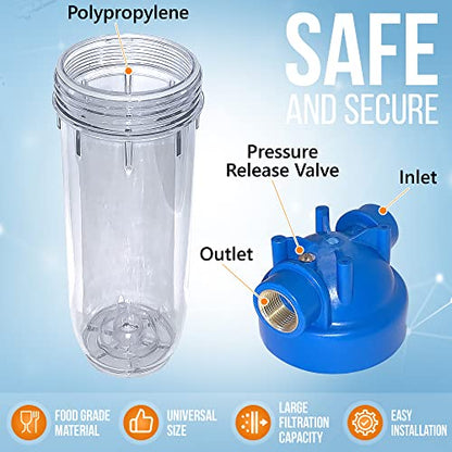10 Inches European Design Transparent Standard Whole House Water Filter System with Presser Relief Valve, 3/4” Inlet/Outlet Brass Port and Yearly Supply (4) Sediment Cartridges 5 Micron - style: Sediment Filter