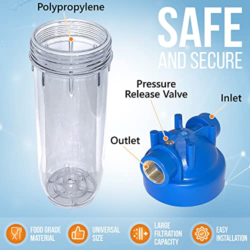 10 Inches European Design Transparent Standard Whole House Water Filter System with Presser Relief Valve, 3/4” Inlet/Outlet Brass Port and Yearly Supply (4) Pleated Sediment Cartridges 5 Micron - style: Pleated Sediment Filter