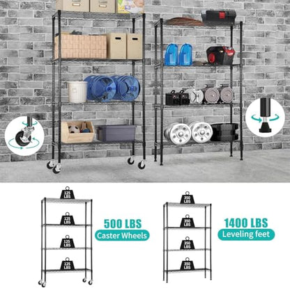 Meet perfect 4-Tier Wire Shelving Unit with Wheels, 36x14x62 in, Black - color: Black, size: 4-Tier, 62"H × 36"W × 14"D