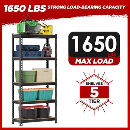 BestOffice 5-Tier Heavy Duty Storage Shelving Unit, 1650 LBS Adjustable Metal Garage Rack, 27.6" W X 11.8" D X 60" H, MDF Shelves for Garage Basement Kitchen, Black - size: 28"W x 12"D x 60"H
