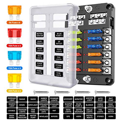 Nilight - 50056L 12 Way Blade Fuse Block 12 Circuits with Negative Bus Fuse Box Holder with LED Indicator ATO/ATC Fuse Panel Waterproof Cover for 12V Automotive Cars, Marine Boats, RVs, Trailers - color: 12Way Fuse Block