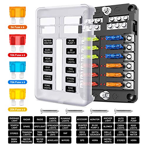 Nilight - 50056L 12 Way Blade Fuse Block 12 Circuits with Negative Bus Fuse Box Holder with LED Indicator ATO/ATC Fuse Panel Waterproof Cover for 12V Automotive Cars, Marine Boats, RVs, Trailers - color: 12Way Fuse Block