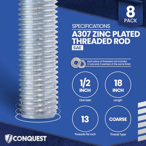 Conquest A307 Zinc Plated Threaded Rod 1/2"-13 x 18 - size: 1/2"-13 x 1.5'