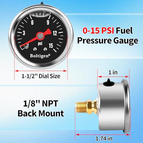 Boltigen Fuel Pressure Gauge, 1/8'' NPT Inline Fuel Pressure Guage Kit with 3/8'' Barb, Stainless Steel, 0-15Psi Glycerin Filled, Center Back Mount (Black) - color: Black