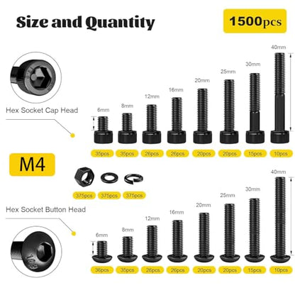 1500PCS M4 Hex Socket Cap Head & Button Head Screws and Nuts Kit - size: M4 1500pcs