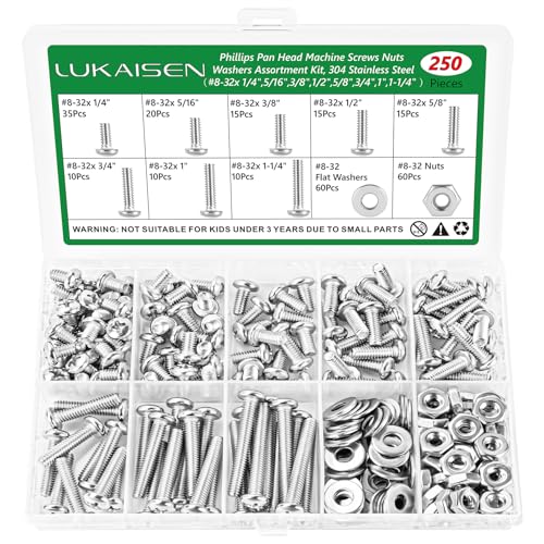 250 Pcs #8-32 Pan Head Machine Screws Nut Washer Bolt Kit,304 SS - size: SS 250Pcs #8-32（1/4" to 1-1/4" ） Pan