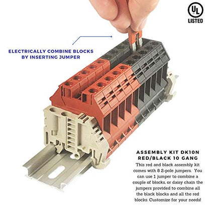 Dinkle Assembly Kit DK10N Red/Black 10 Gang with Jumpers DIN Rail Terminal Blocks, 6-20 AWG, 60 Amp, 600 Volt UL Recognized