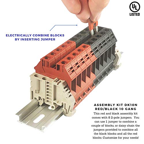 Dinkle Assembly Kit DK10N Red/Black 10 Gang with Jumpers DIN Rail Terminal Blocks, 6-20 AWG, 60 Amp, 600 Volt UL Recognized