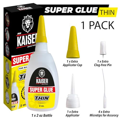 Der Kaiser Thin CA Super Glue (2 oz) – Industrial Grade Cyanoacrylate – 5-10 Sec Cure – Pro Kit with Microtips & Applicators – Wood, Plastic, Metal, Hobby Models, Woodworking, DIY – 2,500-3,500 PSI - size: 2 oz