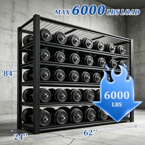 6 Tier Heavy Duty Metal Garage Storage Shelving, 62" W x 24" D x 84" H Adjustable Steel Storage Rack with 6000 LBS Total Load Capacity, Multipurpose Industrial Shelves for Warehouse Basement - size: 6T-62" W x 24" D x 84" H