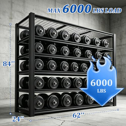6 Tier Heavy Duty Metal Garage Storage Shelving, 62" W x 24" D x 84" H Adjustable Steel Storage Rack with 6000 LBS Total Load Capacity, Multipurpose Industrial Shelves for Warehouse Basement - size: 6T-62" W x 24" D x 84" H
