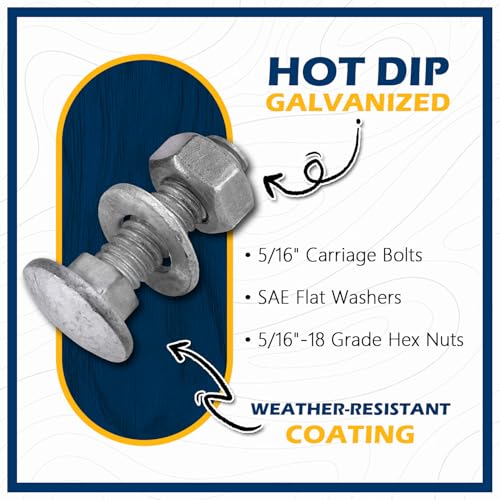 5/16" x 1"Hot Dip Galvanized Grade 307A Carriage Bolt Kit, 50 Pack, Comes with 5/16" USS Flat Washers & 5/16"-18 Hex Nuts, Heavy Duty Exterior Construction Use - size: 5/16*1