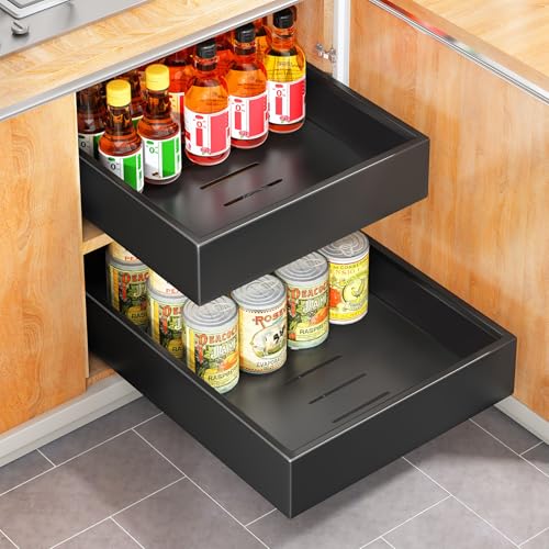Pull out Cabinet Organizer, 21"Deep, 11.8"Wide Full-Extension Heavy Duty Slide out Drawers with Nano Adhesive, Roll Out Shelves Sliding Cabinet for Kitchen, Bathroom, Pantry,Under Sink Storage(Black) - color: Black, size: 11.8"Wide-21"Deep (1Pack）