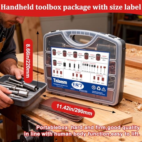 Tnisesm 187 PCS Sanding Drum and Sleeves Kit – Includes 2inch Spindle Sander Sleeves (60/80/120/240 Grit), 4 Rubber Sanding Drums, 1/4-Inch Shank,Versatile Sander Accessory with Box - size: 10SIZE-187PCS