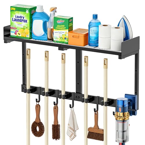 HUFAND 27 Inch Mop and Broom Holder Wall Mount with Storage Shelf & Hooks - color: Black, size: Large