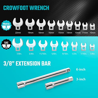 DURATECH 3/8" Drive Crowfoot Wrench Set with 2 Extension Bars, SAE & Metric, 19-Piece, 10-22mm & 3/8"-7/8", CR-V Steel, with EVA Foam Tool Organizer (Pack of 2) - size: Metric and SAE (Pack of 2), style: Regular