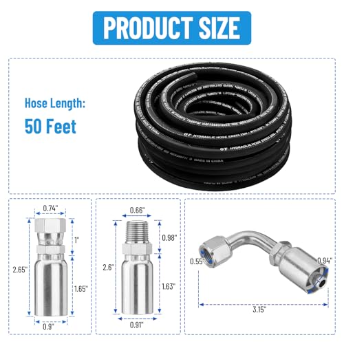 50FT 3/8" Hydraulic Hose with 16PCS Hydraulic Hose Fittings - size: 3/8" Hydraulic Hose - 50FT