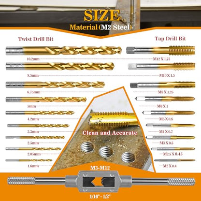 18Pcs Metric Drill and Tap Set with Tap Wrench for Metal, from M2 to M12 - size: M2 to M12