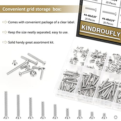 242 Pieces #4-40x 3/16", 1/4", 5/16", 3/8", 1/2", 5/8", 3/4", 7/8", 1", Phillips Countersunk Head Machine Screws Nuts Assortment Kit, 304 Stainless Steel, Fully Machine Thread - size: #4-40