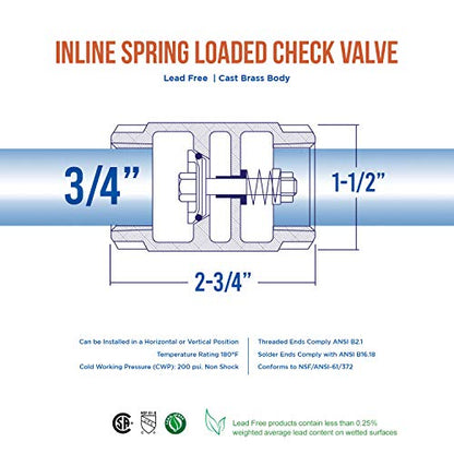 Midline Valve 372U256-5 Inline Spring Loaded Check Valve, Backflow Prevention, Lead-Free 3/4 in. FIP Connections, Cast Brass (5 Pack) - size: 3/4 in., style: 5 Pack