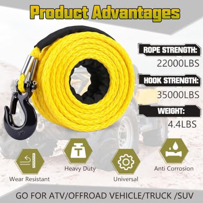 Marsui 3/8" x 100 ft Synthetic Winch Rope Cable Kit, 22000lbs, Yellow - color: Yellow, size: 3/8" X 100 ft