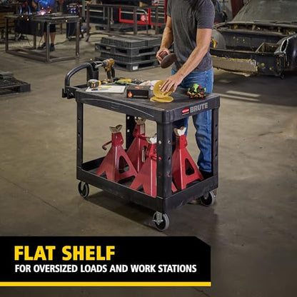 Rubbermaid Commercial Products 2-Shelf Utility/Service Cart, Medium, Flat Shelves, Ergonomic Handle, 500 lbs. Capacity, Ideal for Warehouse/Garage/Cleaning/Manufacturing - size: Medium 2-Shelf, style: Ergonomic Handle