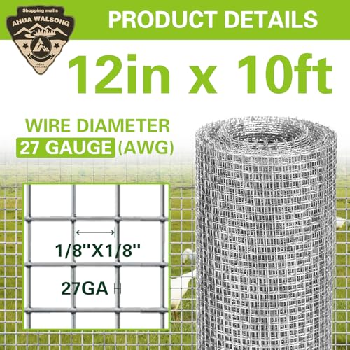 Hardware Cloth 12" x 10', 1/8" 27 Gauge Galvanized Wire Mesh Roll, Welded Metal Screen for Chicken Coops, Poultry Fencing, Animal Cages, Garden Barriers, DIY Craft Projects - size: 1/8" 27ga 12in x 10ft
