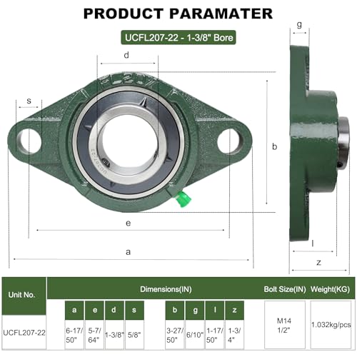 2 Pack UCFL207-22 Pillow Block Bearing – Flange 2 Bolt Mounted Pillow Block Bearings – Bearing Steel Bearings with 1-3/8" Bore - Self-aligning Bearings with Solid Cast Iron Base - style: UCFL207-22