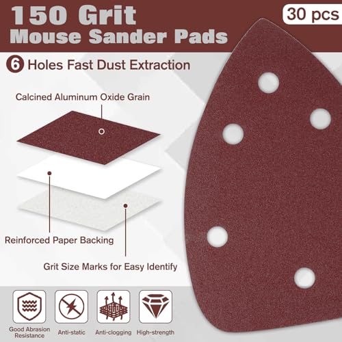 30 Pcs Mouse Sander Sandpaper 150 Grit 6 Hole Mouse Sander Pads Hook and Loop Detail Sanding Disc - style: 150 Grit