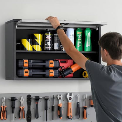 VEVOR Metal Wall Cabinet, 30.31 x 12.01 x 19.69 Inch, Floating Garage Tool Cabinet with Up-Flip Door and Shelf, 240 lbs Load Capacity, Fit for Garage, Basement, Kitchen, Warehouse Assembly Required - size: Upgrade Flip up 20"