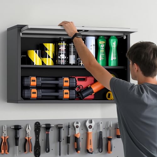 VEVOR Metal Wall Cabinet, 30.31 x 12.01 x 19.69 Inch, Floating Garage Tool Cabinet with Up-Flip Door and Shelf, 240 lbs Load Capacity, Fit for Garage, Basement, Kitchen, Warehouse Assembly Required - size: Upgrade Flip up 20"