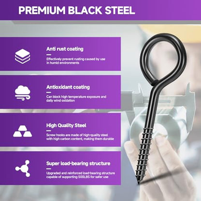 5.2 inch Eye Bolts - 10 Pcs Eyes Hooks Screw Heavy Duty 500 lbs Breaking Strength Black Rust-Resistant, Self Tapping Eyelet Screw for Wood Securing, Hammock Stand, Indoor & Outdoor Use - size: 5.2" 10Pcs